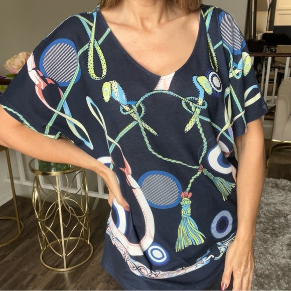 Rinatti Collection Navy Blue Printed Oversized V Neck Relaxed Fit Viscose Top 3L - Picture 4 of 10